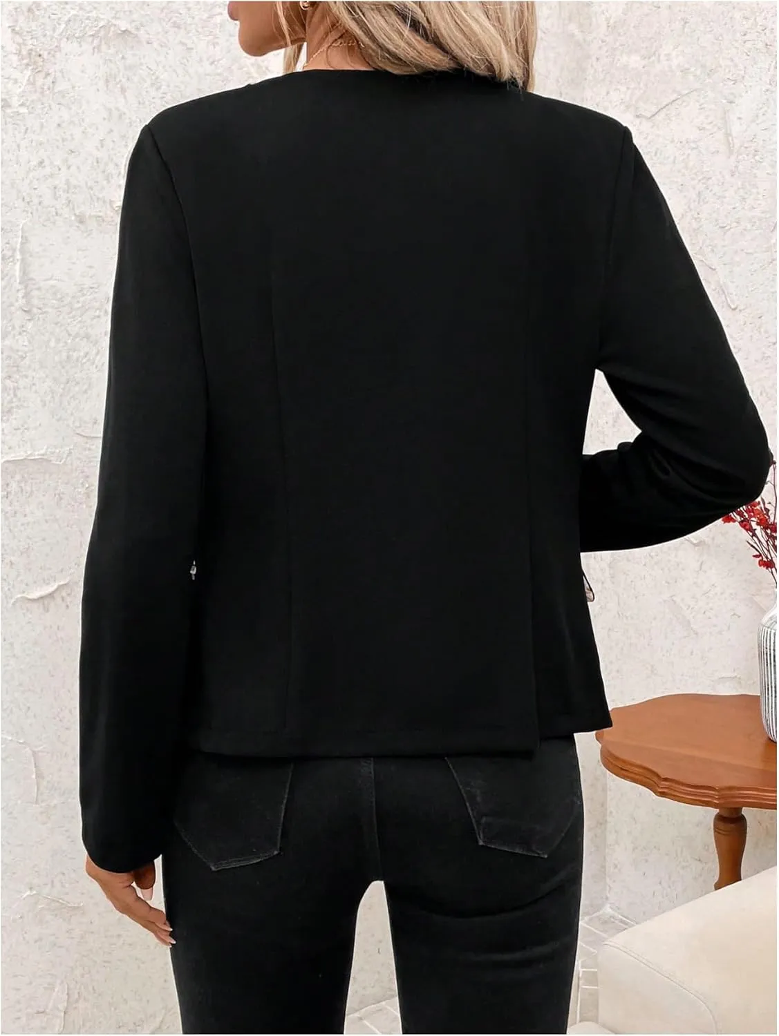 MakeMeChic Women's Open Front Button Decor Jacket Long Sleeve Work Office Blazer Coat