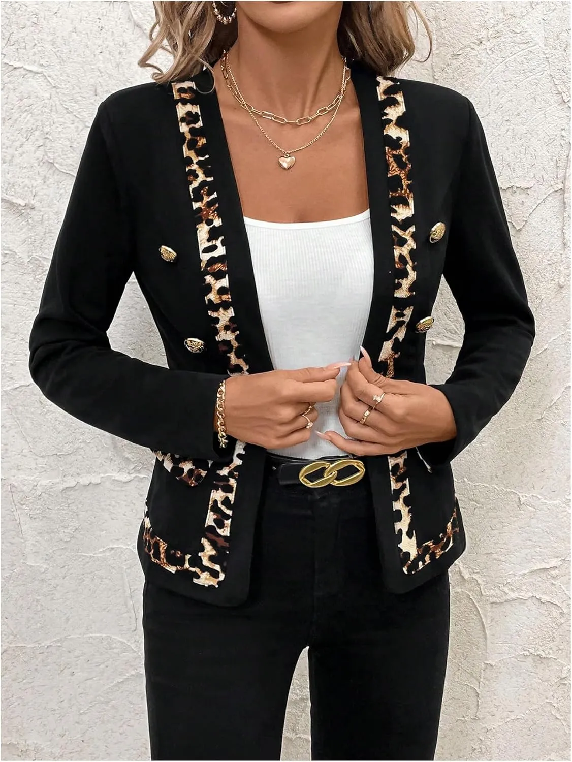 MakeMeChic Women's Open Front Button Decor Jacket Long Sleeve Work Office Blazer Coat