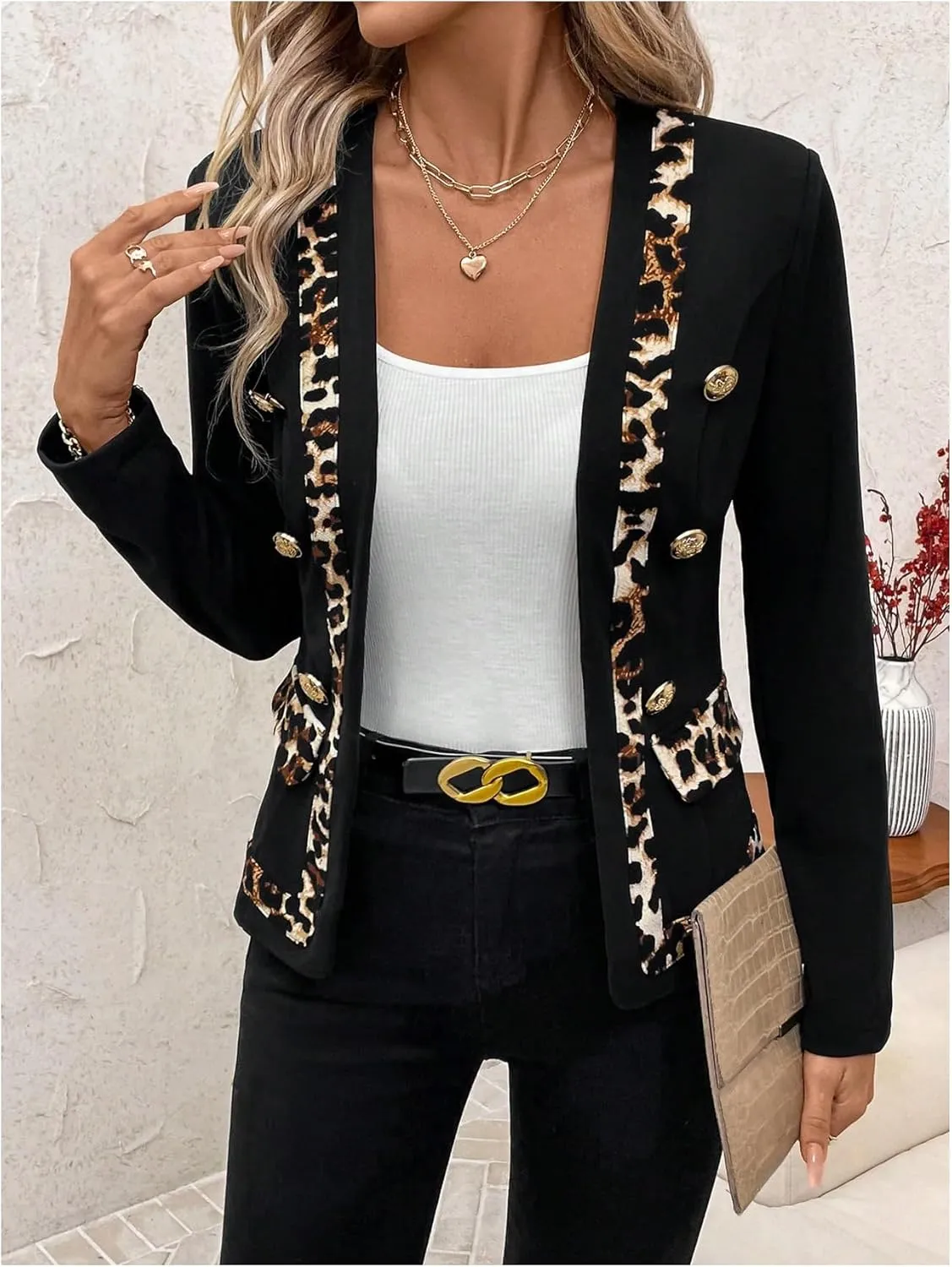 MakeMeChic Women's Open Front Button Decor Jacket Long Sleeve Work Office Blazer Coat
