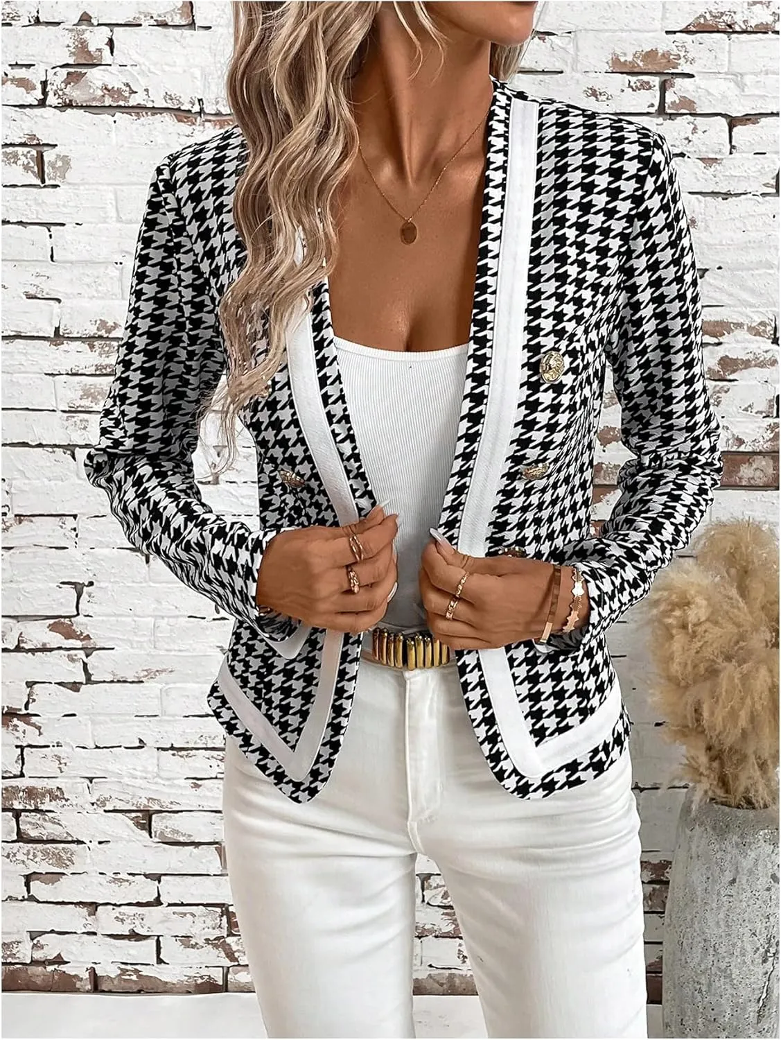 MakeMeChic Women's Open Front Button Decor Jacket Long Sleeve Work Office Blazer Coat
