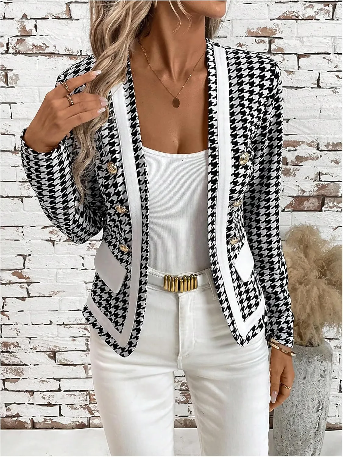 MakeMeChic Women's Open Front Button Decor Jacket Long Sleeve Work Office Blazer Coat