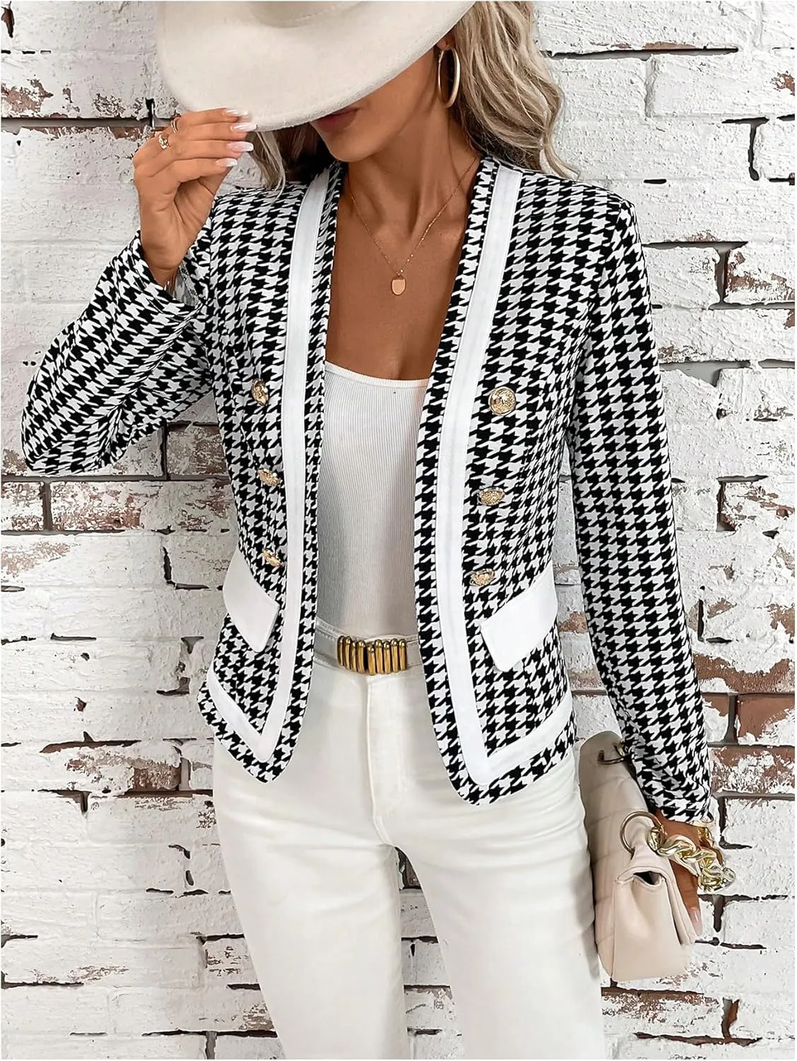 MakeMeChic Women's Open Front Button Decor Jacket Long Sleeve Work Office Blazer Coat
