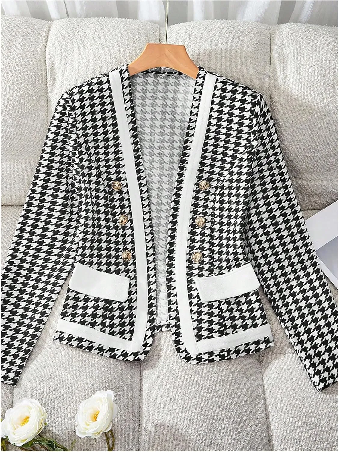 MakeMeChic Women's Open Front Button Decor Jacket Long Sleeve Work Office Blazer Coat