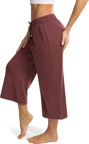 Maxbee Wide Leg Capri Pants for Women Loose Yoga Pants Drawstring Comfy Lounge Sweatpants with Pockets