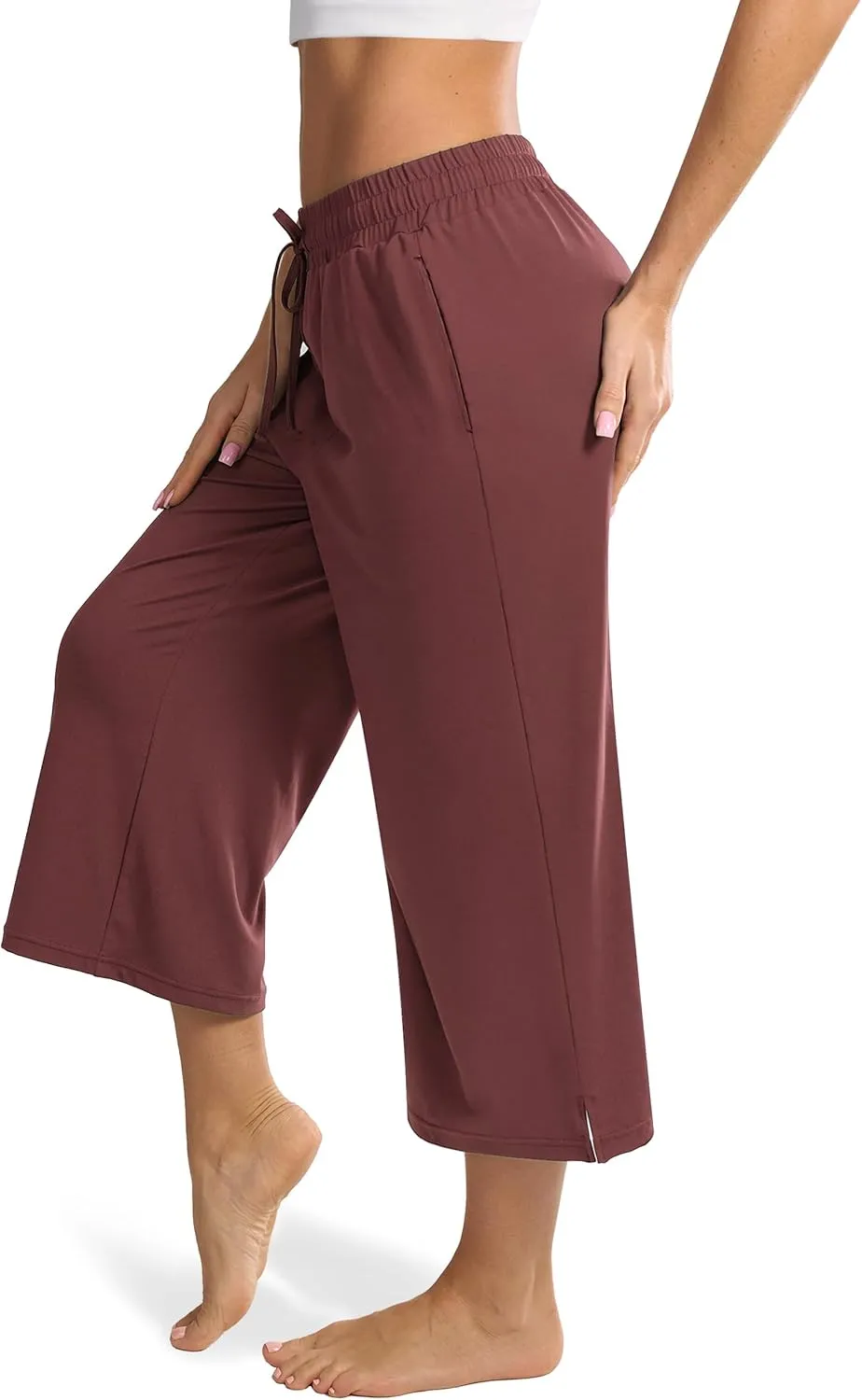 Maxbee Wide Leg Capri Pants for Women Loose Yoga Pants Drawstring Comfy Lounge Sweatpants with Pockets