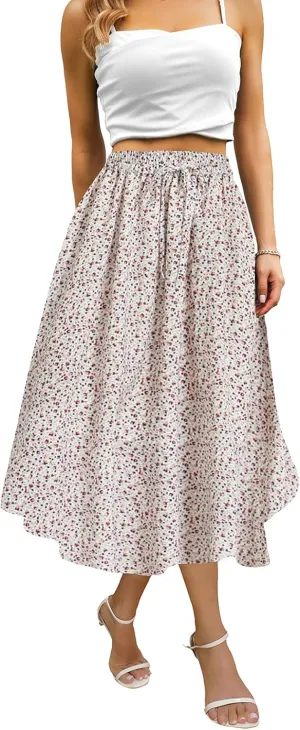 Maxi Skirts for Women with Pockets Long Midi Length Casual Skirt for Beach Party Holiday White Floral