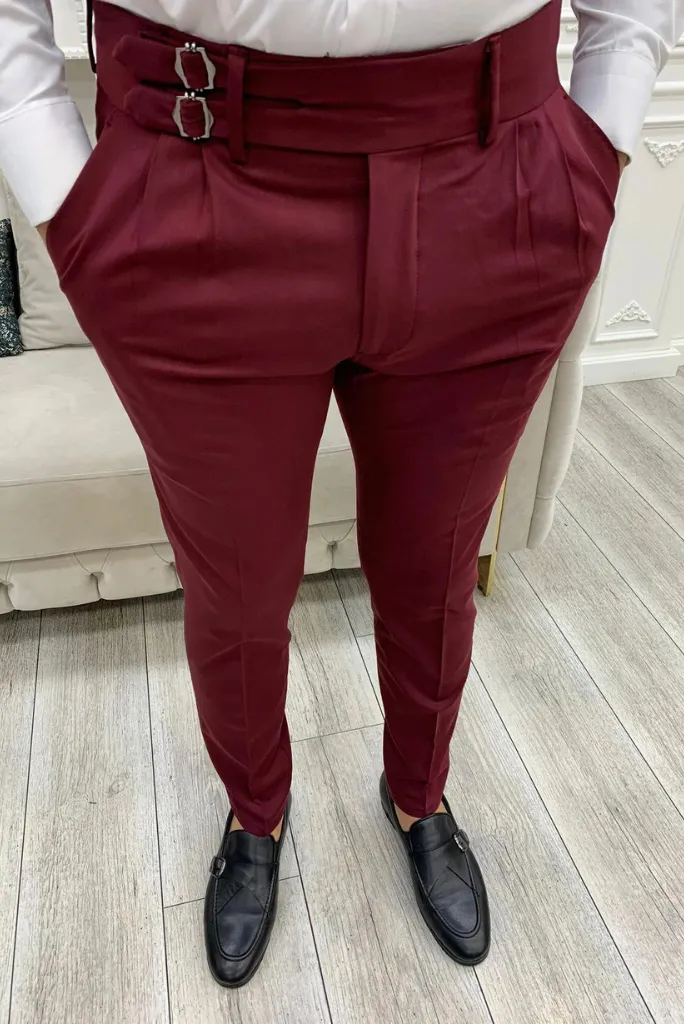 Men Burgundy Slim Fit Trouser Formal Pant Double buckle Wedding Pant Dinner Pant Groom Wear Gift For Him