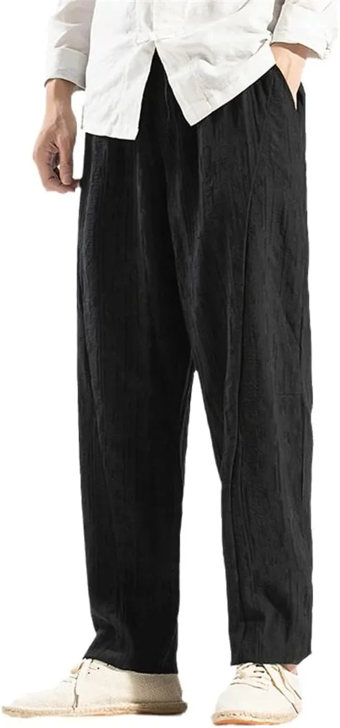 Men Cotton Linen Casual Harem Pants Solid Trousers Jogger Pants Elastic Waist Fitness Straight Pants