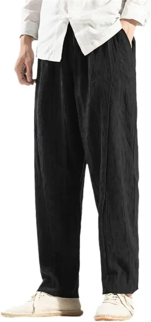 Men Cotton Linen Casual Harem Pants Solid Trousers Jogger Pants Elastic Waist Fitness Straight Pants