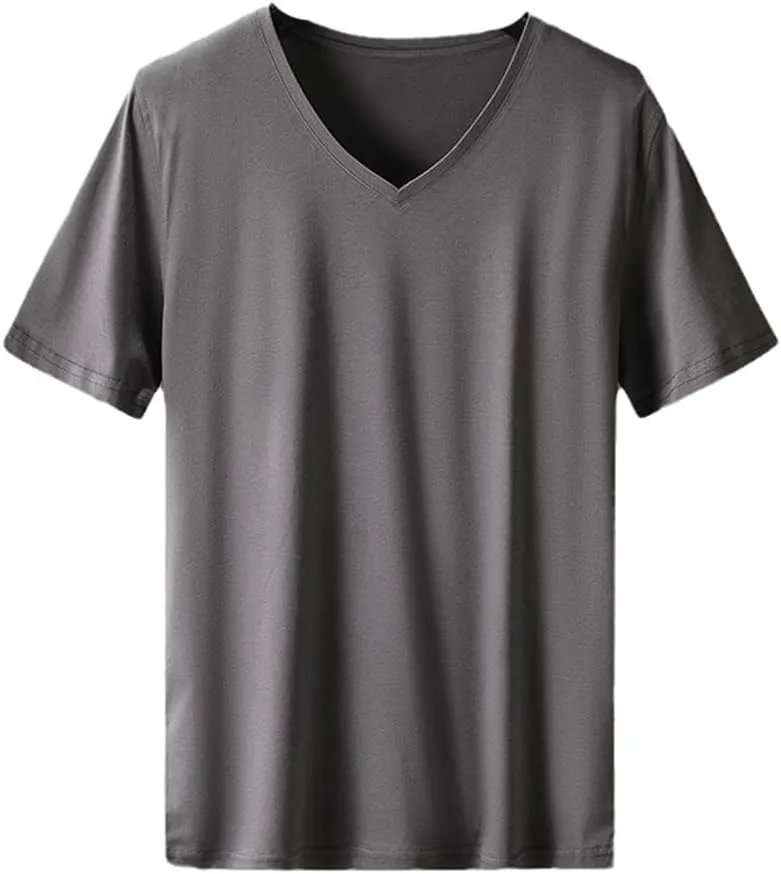 Men Cotton Short Sleeve T Shirt Summer Solid Color V-Neck T-Shirt Undershirts Slim Fit Casual Tee Tops White