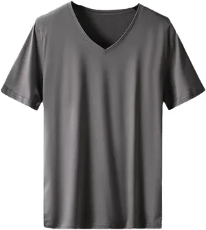 Men Cotton Short Sleeve T Shirt Summer Solid Color V-Neck T-Shirt Undershirts Slim Fit Casual Tee Tops White
