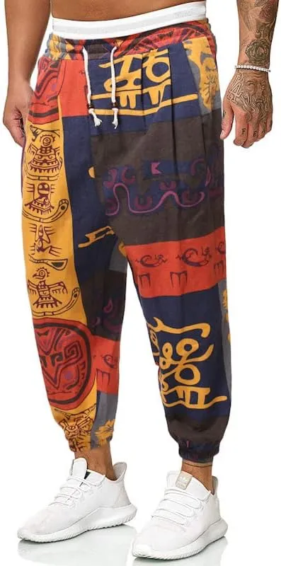 Men Print Harem Pants Summer Cool Street Elastic Waist Loose Oversized Trousers
