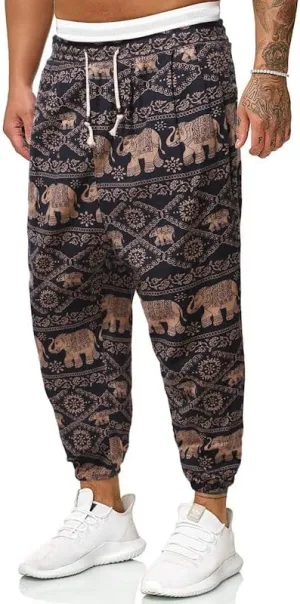 Men Print Harem Pants Summer Cool Street Elastic Waist Loose Oversized Trousers