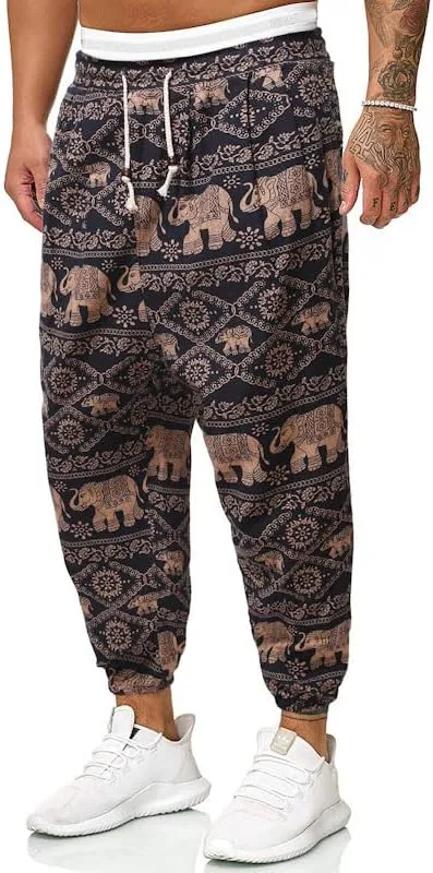 Men Print Harem Pants Summer Cool Street Elastic Waist Loose Oversized Trousers