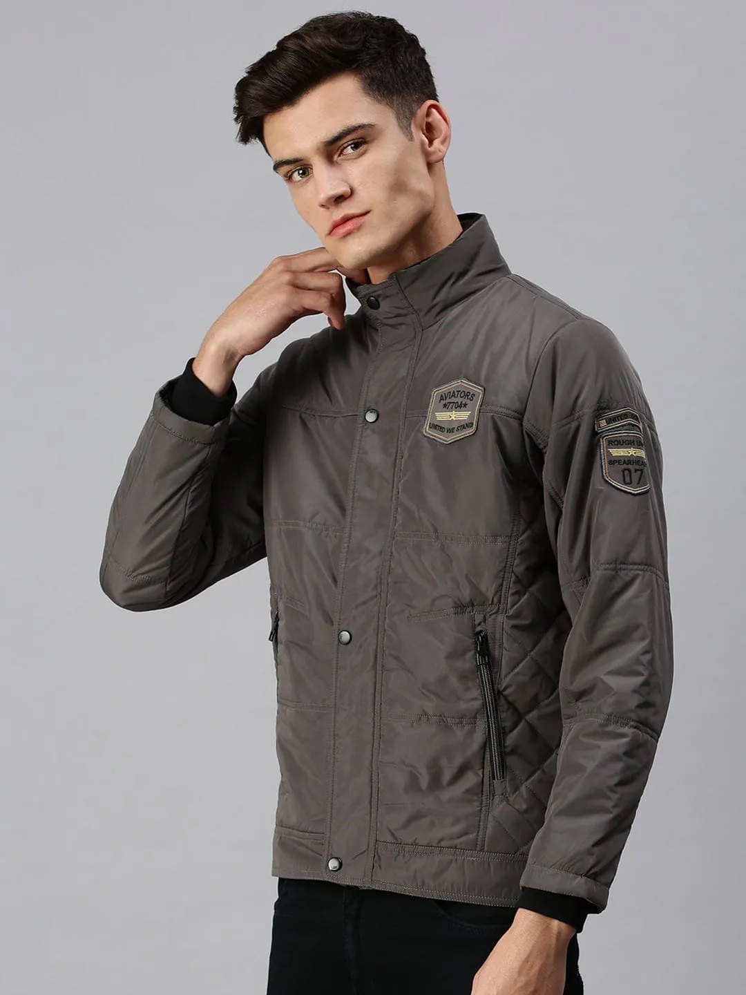 Men Solid Grey Padded Jacket