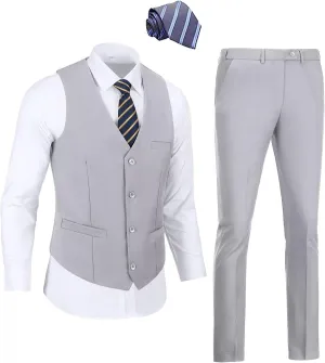 Men's 2 Piece Vest Pants Set Slim Fit Wedding Suit for Men with Tie Tuxedo Set for Business Christmas