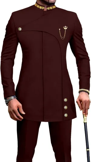 Men's 2 Pieces Suit Elegant Single Breated Slim Fit Embroidery Blazer Pants Set African Clothes Wedding