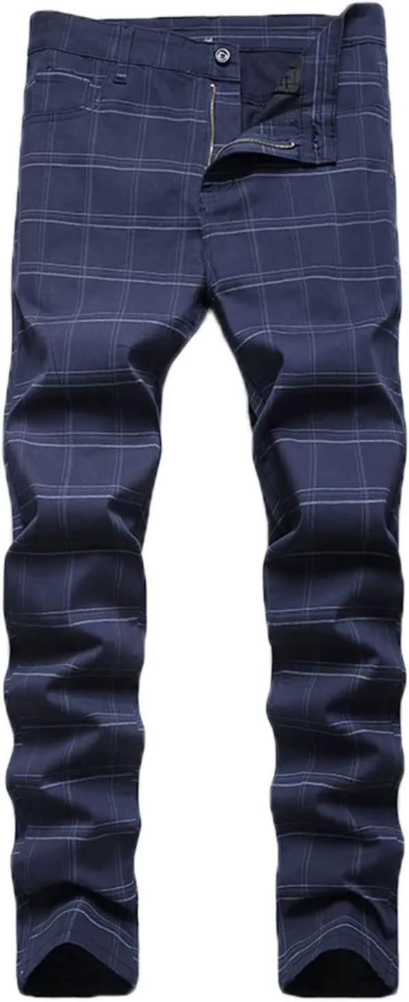 Mens Casual Plaid Chino Business Dress Pants,Fashion Black Stretch Slim Fit Flat Front Skinny Dress Pant for Men
