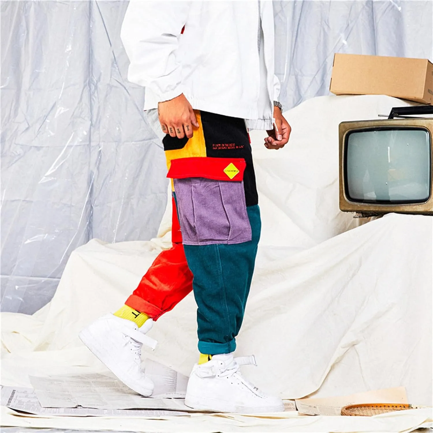 Mens Fashion Hip hop Harem Pants Color Patchwork Streetwear Cargo Pants Casual Running Sport Drawstring Long Pants