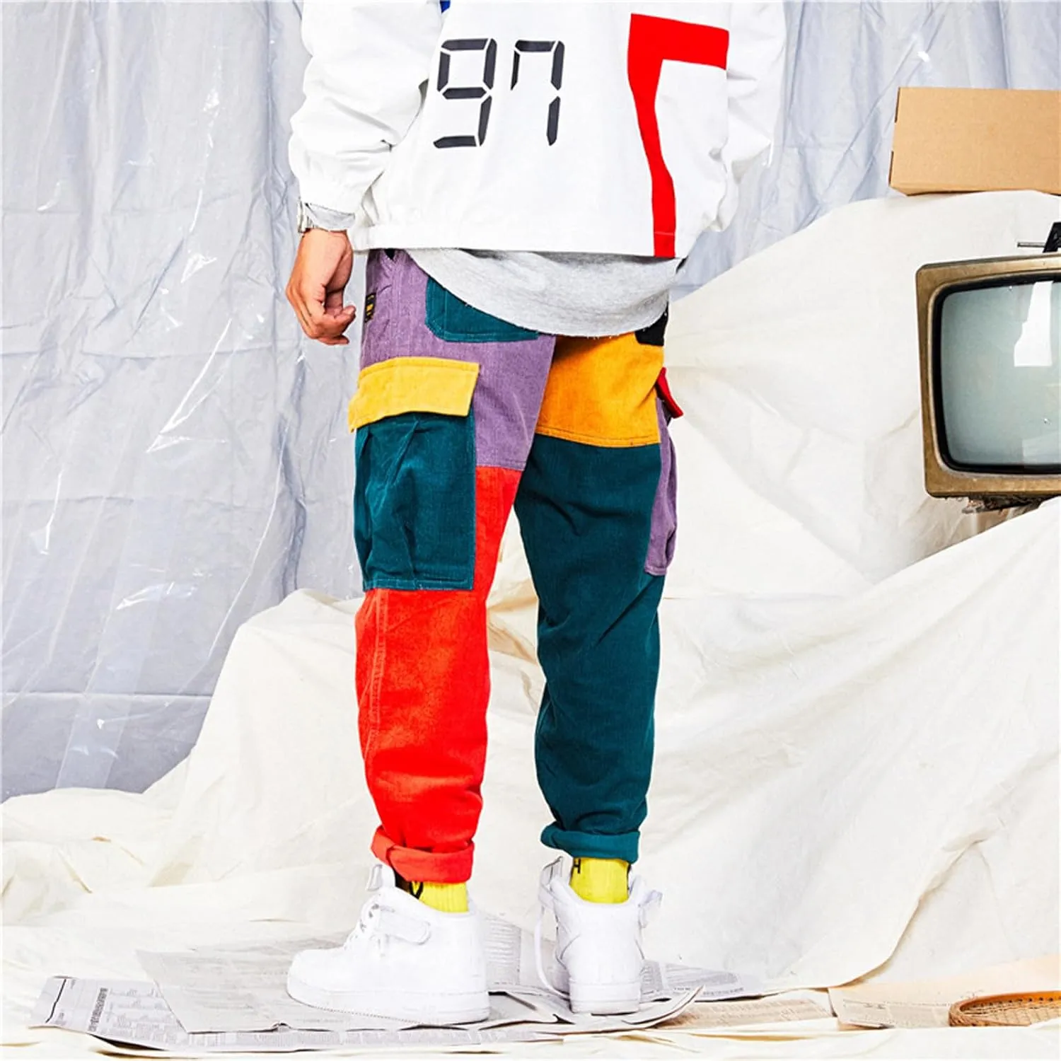 Mens Fashion Hip hop Harem Pants Color Patchwork Streetwear Cargo Pants Casual Running Sport Drawstring Long Pants