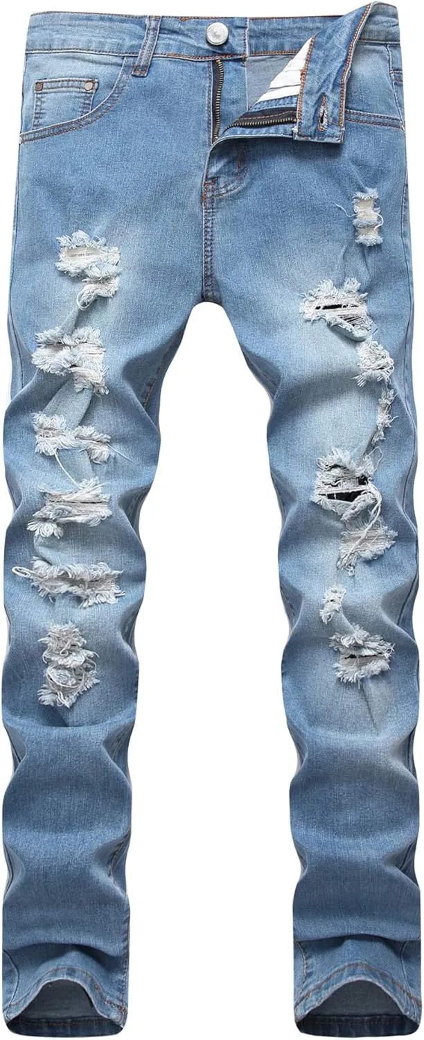 Men's Ripped Skinny Stretch Distressed Destroyed Slim Jeans Denim Pants