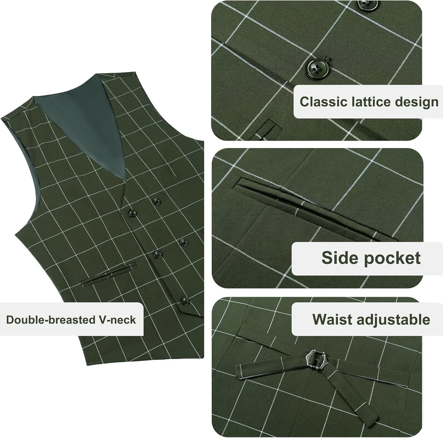 Men's Slim Fit 3 Piece Plaid Suit Set,Business Formal Attire Solid Blazer Jacket Vest Pants