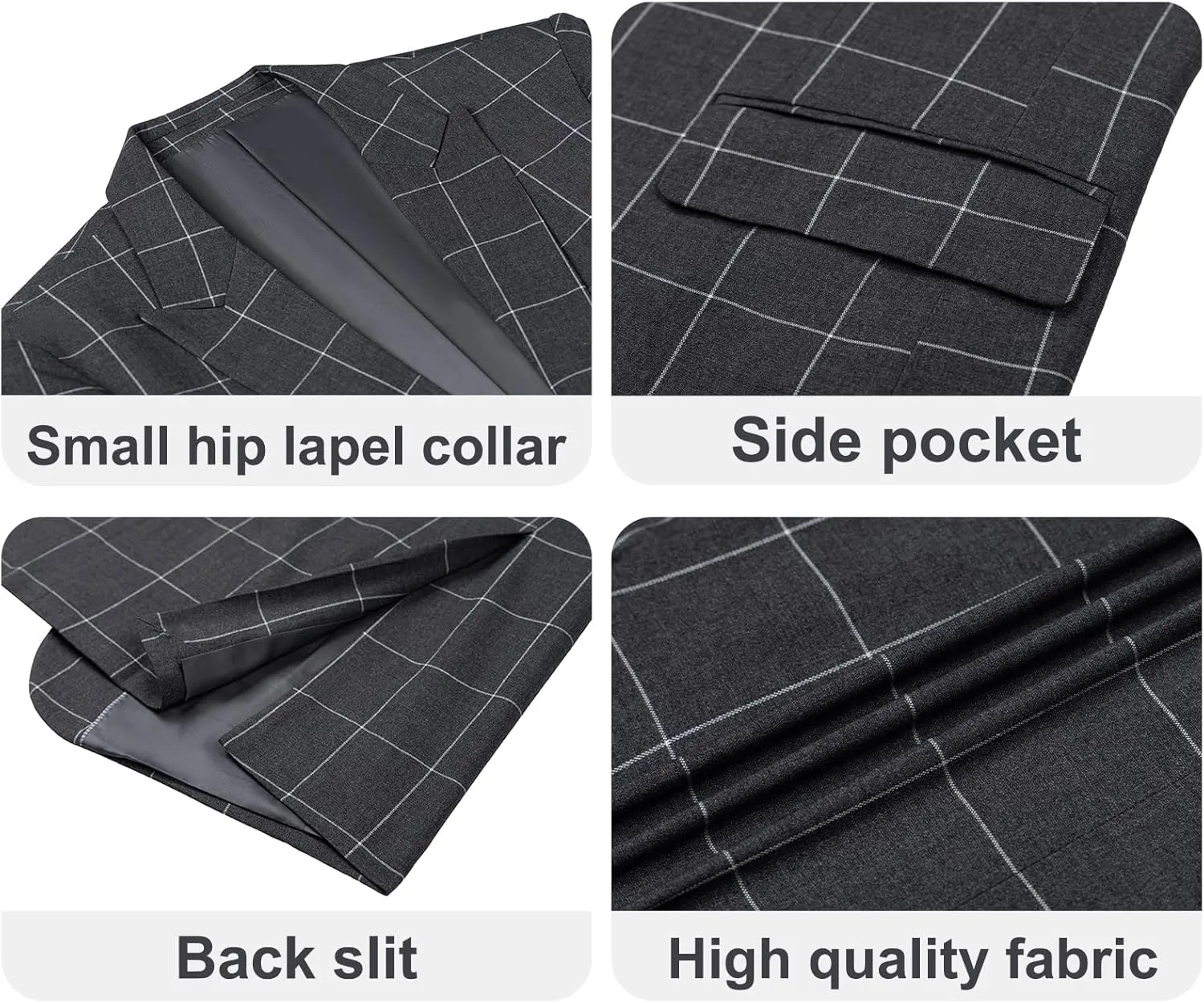 Men's Slim Fit 3 Piece Plaid Suit Set,Business Formal Attire Solid Blazer Jacket Vest Pants