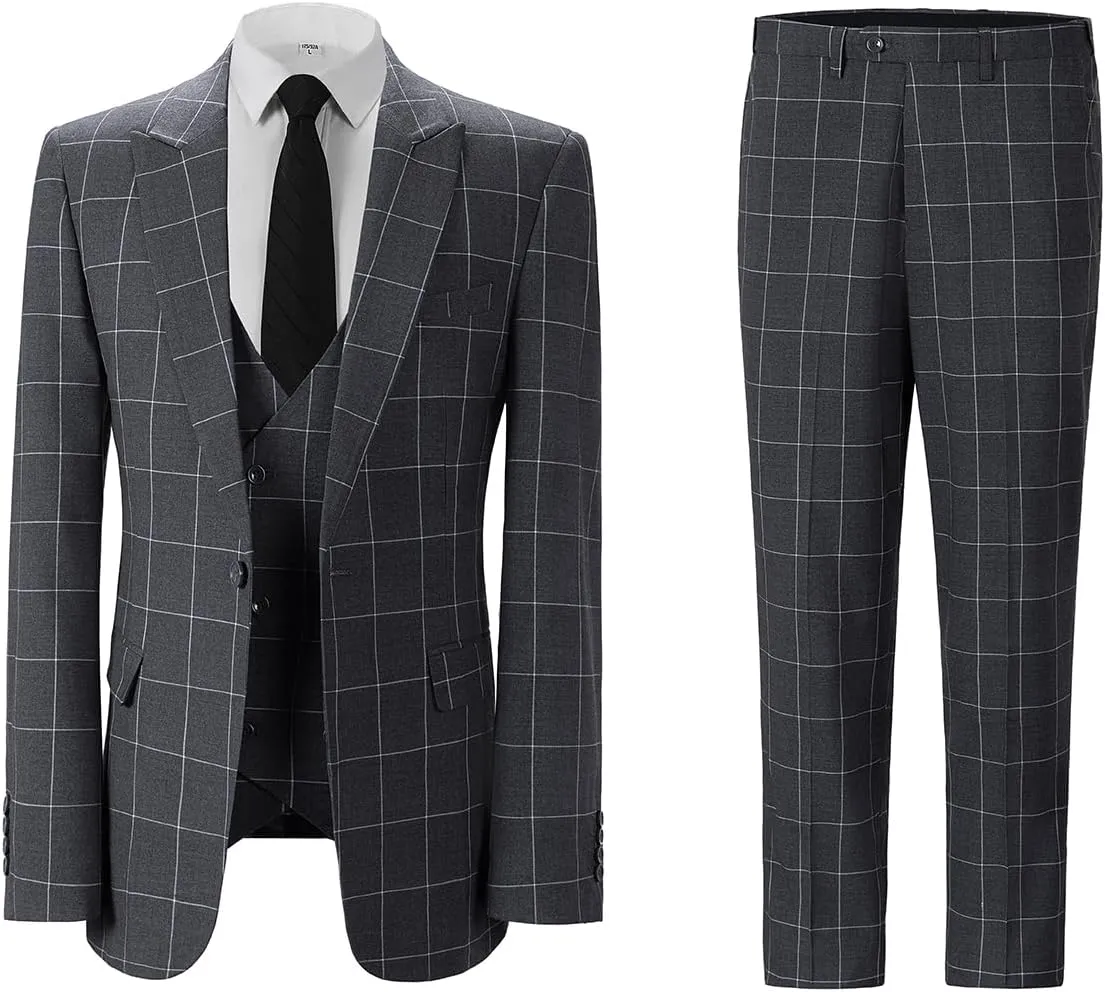 Men's Slim Fit 3 Piece Plaid Suit Set,Business Formal Attire Solid Blazer Jacket Vest Pants