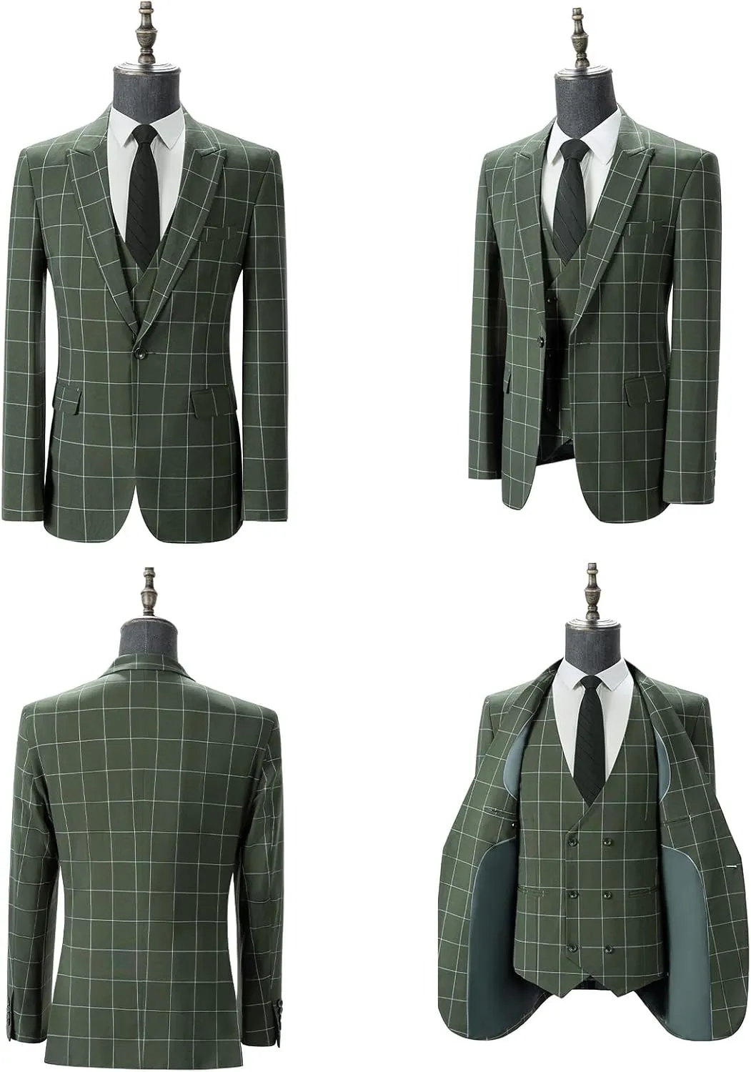 Men's Slim Fit 3 Piece Plaid Suit Set,Business Formal Attire Solid Blazer Jacket Vest Pants