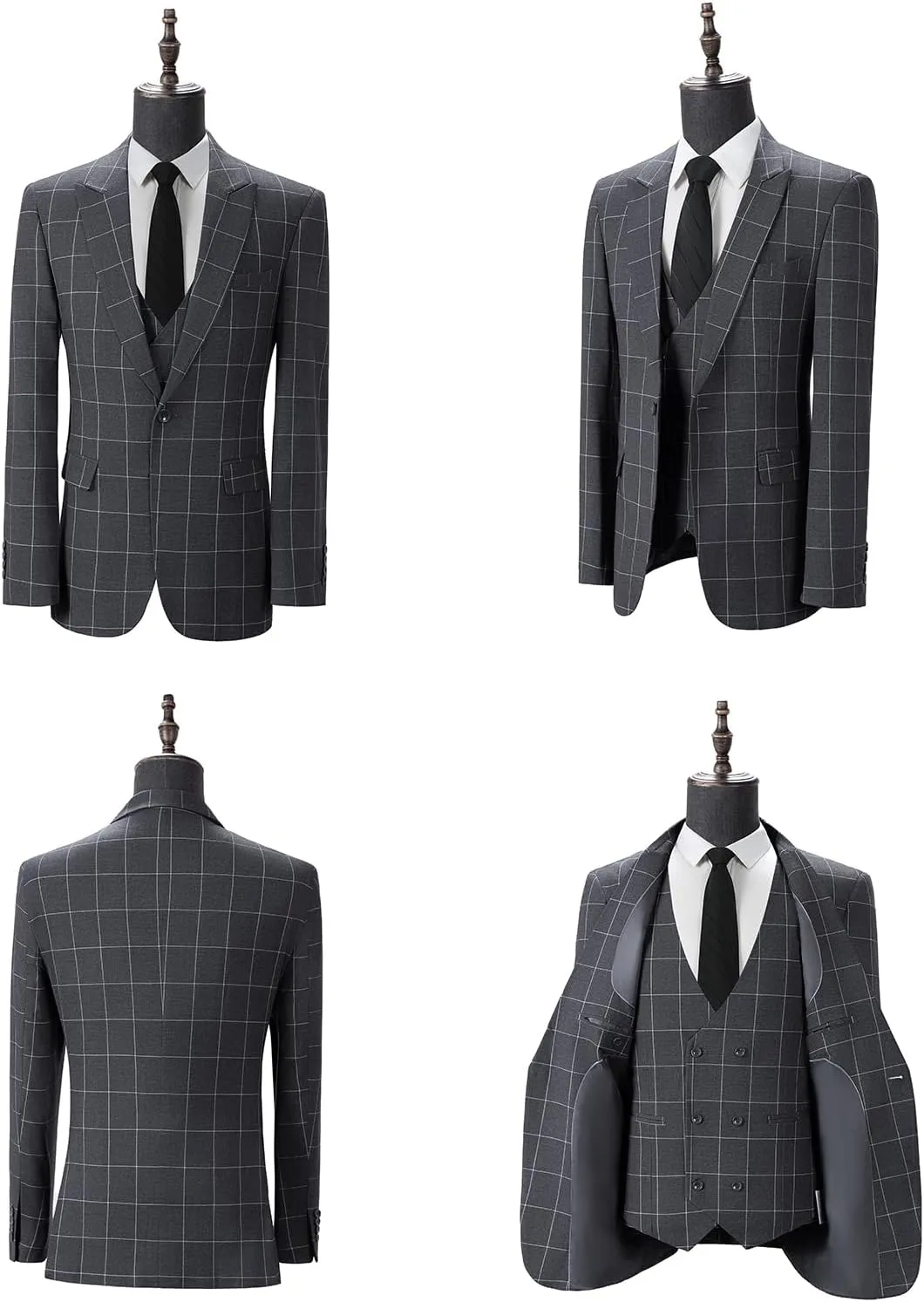 Men's Slim Fit 3 Piece Plaid Suit Set,Business Formal Attire Solid Blazer Jacket Vest Pants