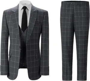 Men's Slim Fit 3 Piece Plaid Suit Set,Business Formal Attire Solid Blazer Jacket Vest Pants