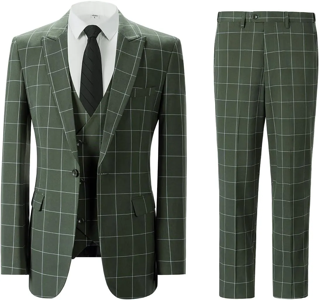 Men's Slim Fit 3 Piece Plaid Suit Set,Business Formal Attire Solid Blazer Jacket Vest Pants