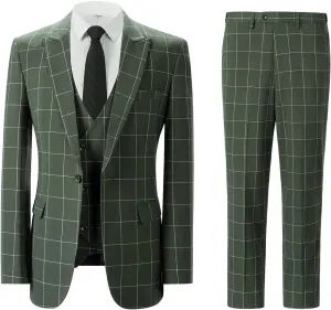 Men's Slim Fit 3 Piece Plaid Suit Set,Business Formal Attire Solid Blazer Jacket Vest Pants