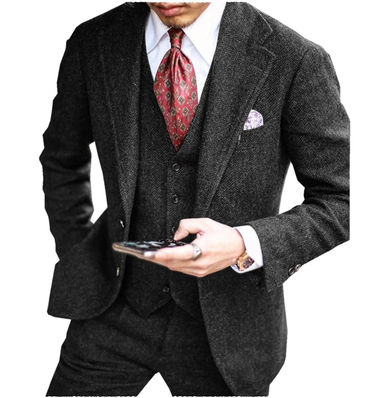 Men's tweed herringbone 3 piece suits formal regular fit wedding groom suits (blazer vest pants)