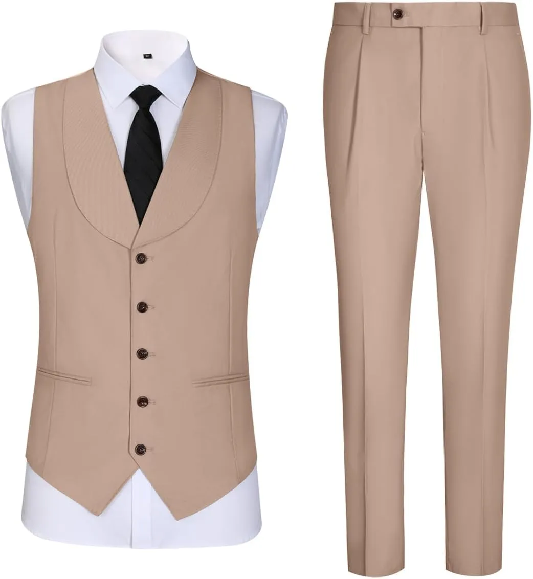 Mens Vest Pants Suits Set 2 Pieces Slim Fit Groomsmen Suit for Men Formal