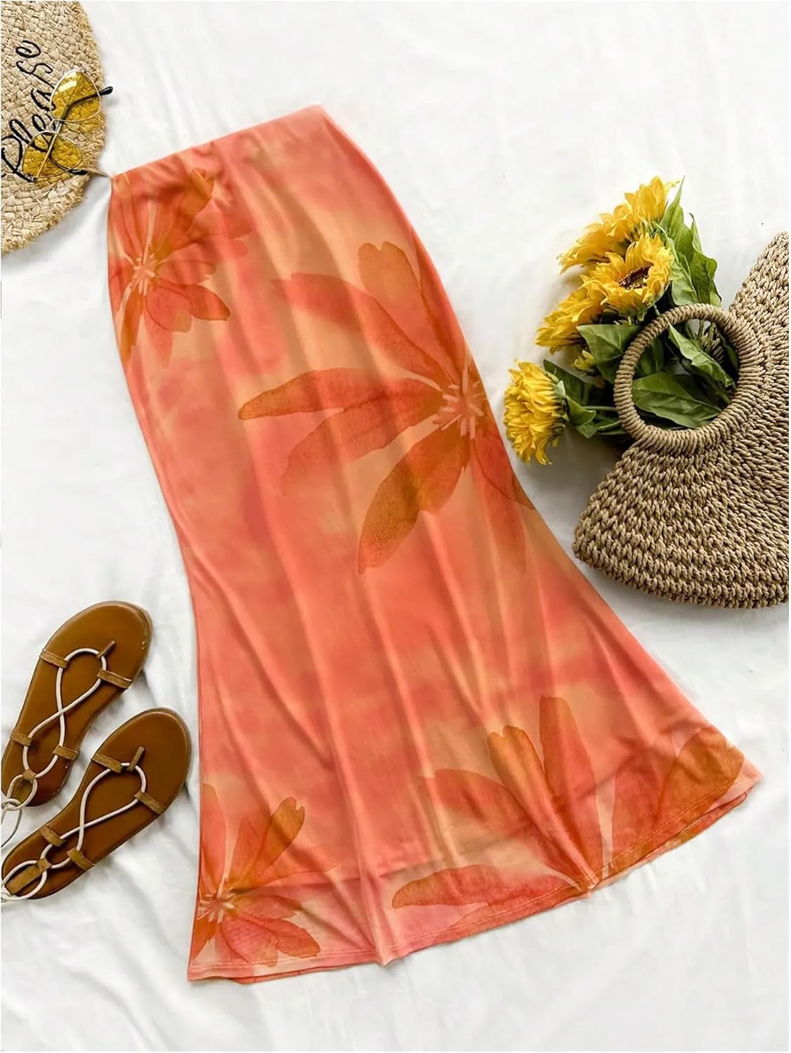 Milumia Women's Boho Floral Print Mesh Skirt Sheer Fishtail Long Skirts