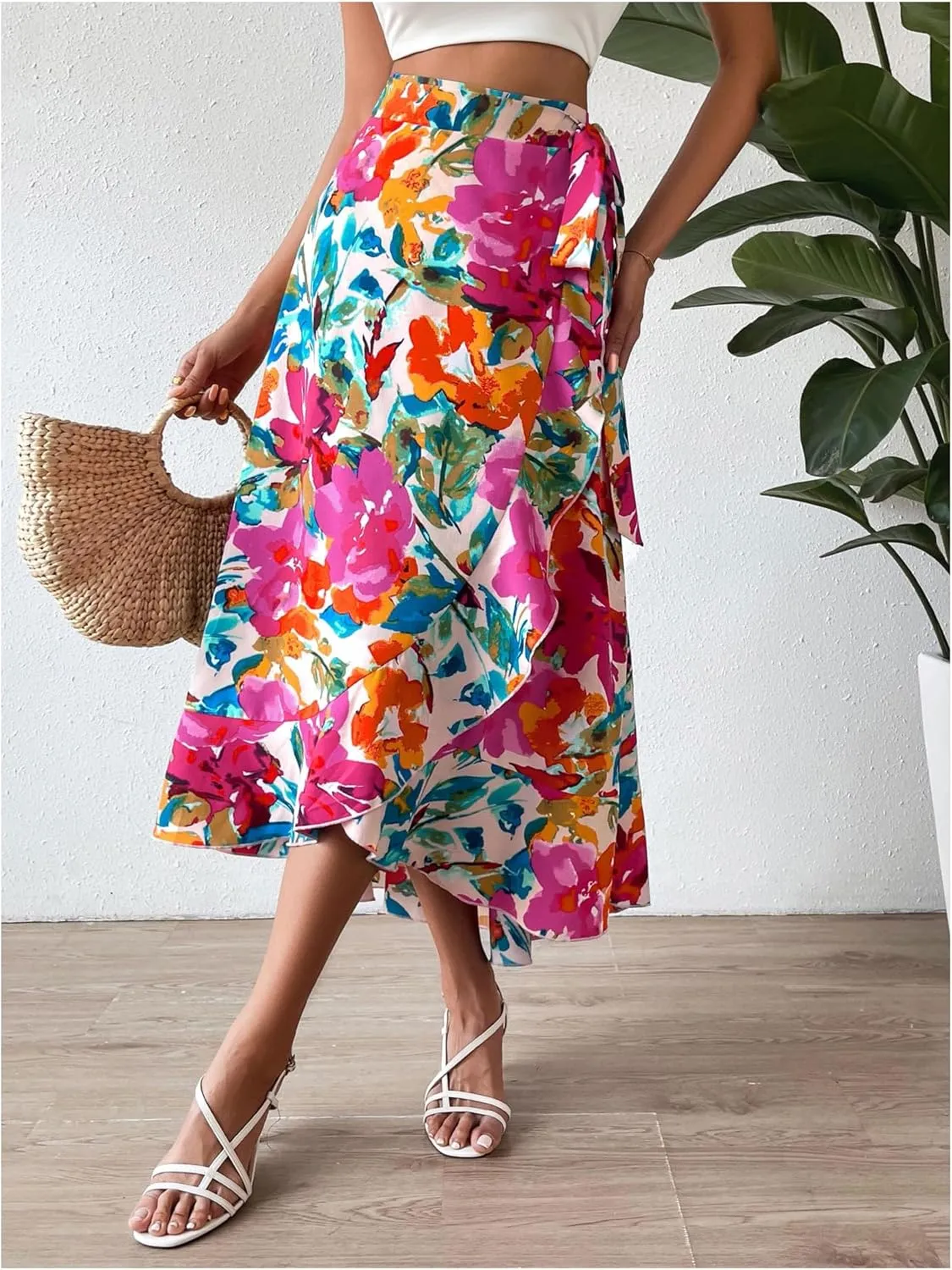 Milumia Women's Floral Tie Knot Wrap Midi Skirt Ruffle Hem Boho Long Skirts