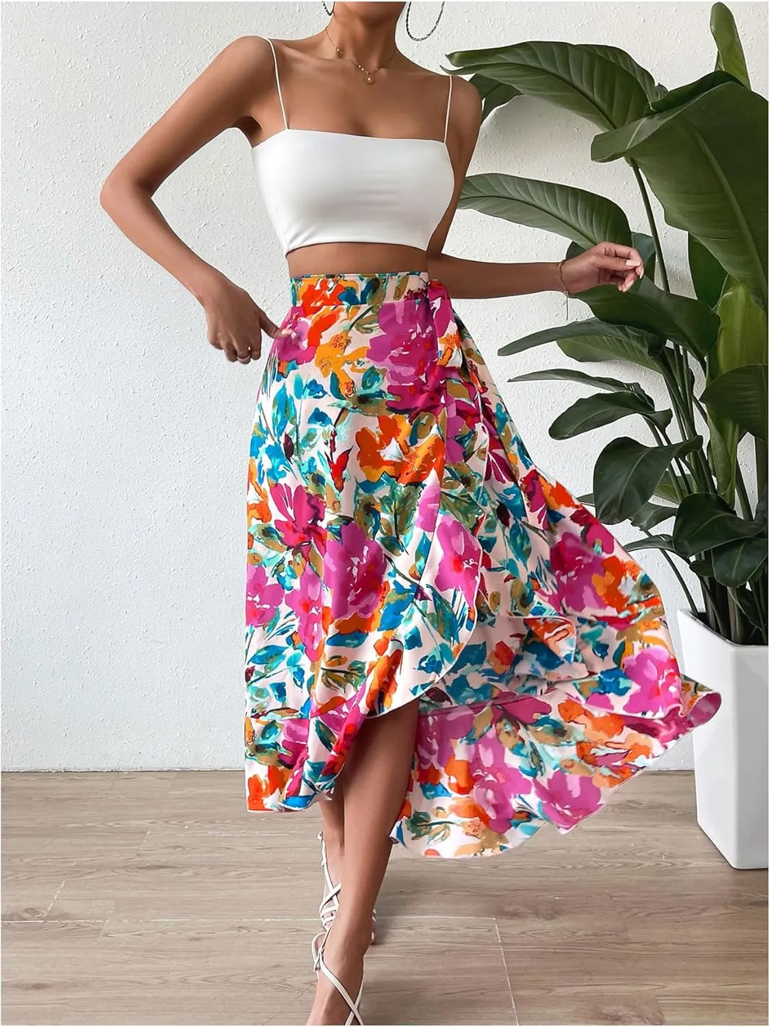 Milumia Women's Floral Tie Knot Wrap Midi Skirt Ruffle Hem Boho Long Skirts