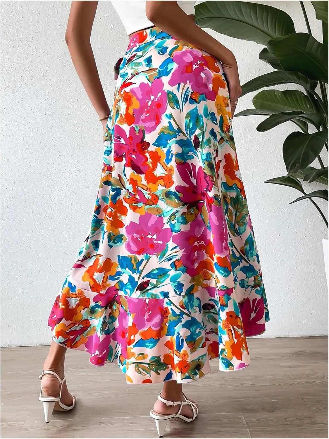 Milumia Women's Floral Tie Knot Wrap Midi Skirt Ruffle Hem Boho Long Skirts