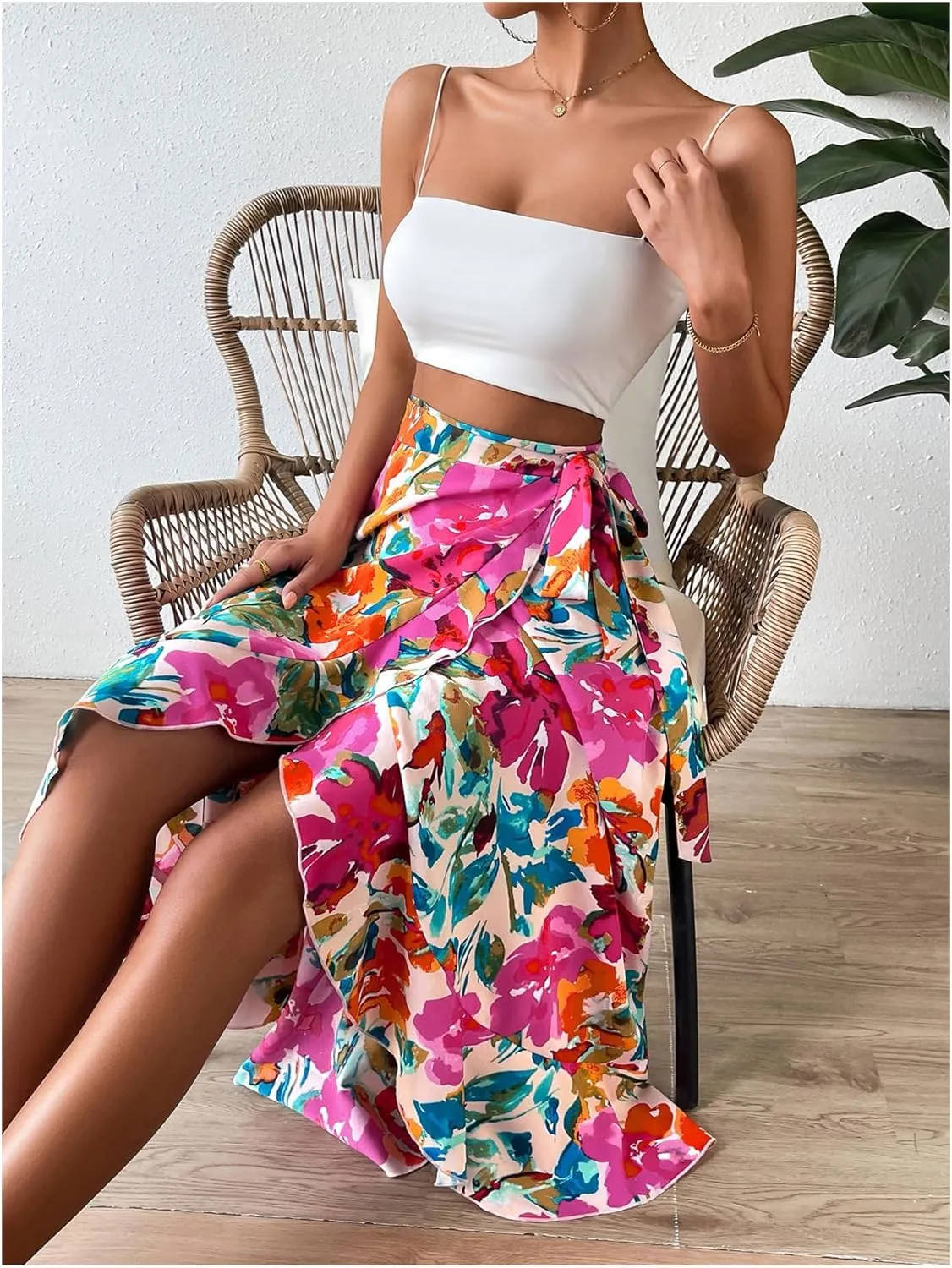 Milumia Women's Floral Tie Knot Wrap Midi Skirt Ruffle Hem Boho Long Skirts