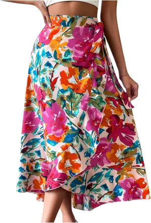 Milumia Women's Floral Tie Knot Wrap Midi Skirt Ruffle Hem Boho Long Skirts