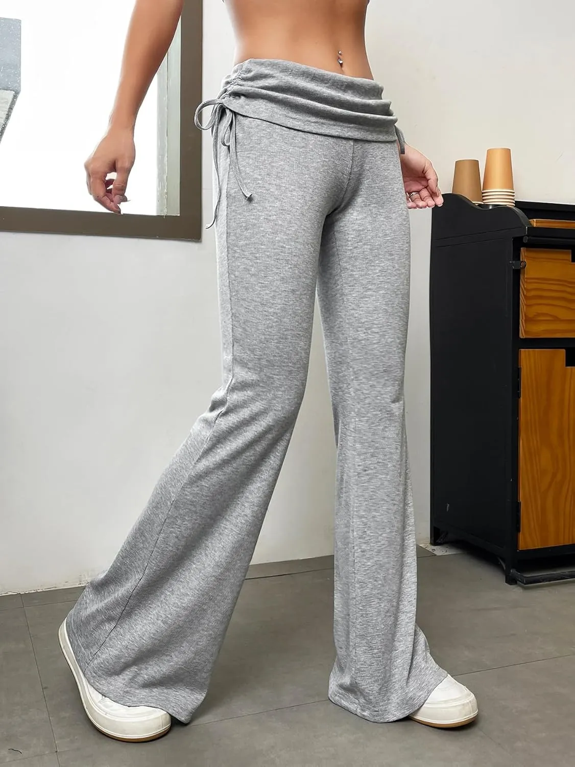Milumia Women's Ruched Drawstring Flare Leggings Y2K Fold Over Bell Bottom Bootcut Yoga Pants