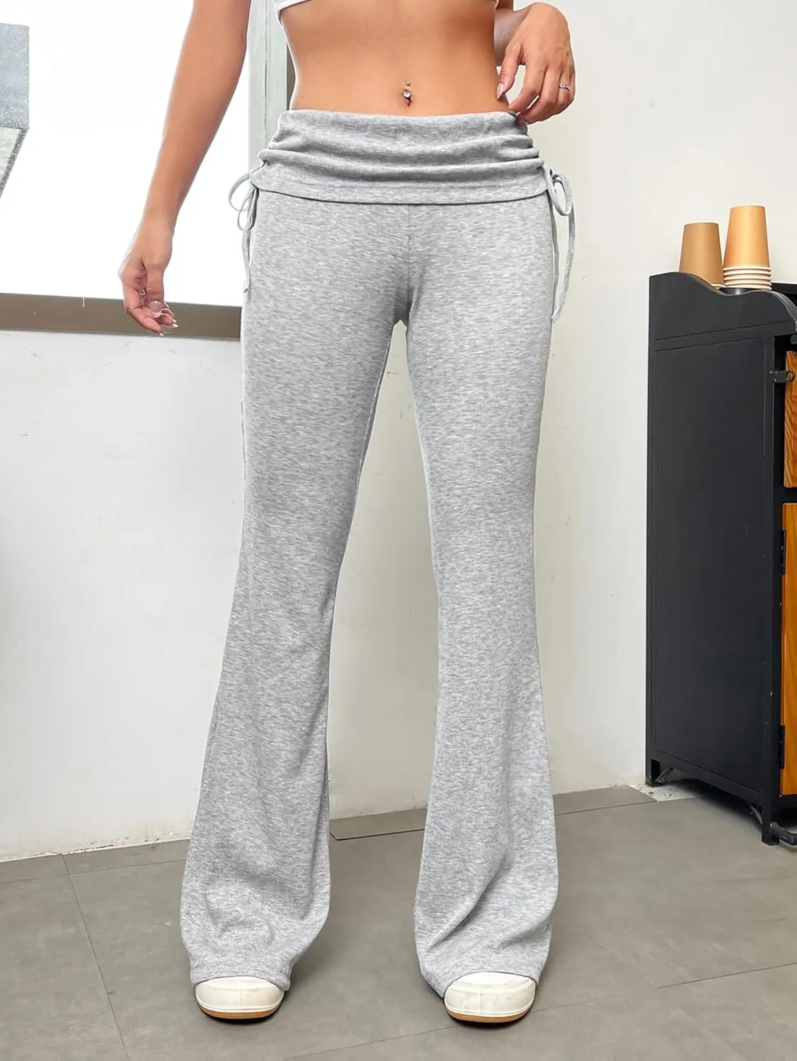 Milumia Women's Ruched Drawstring Flare Leggings Y2K Fold Over Bell Bottom Bootcut Yoga Pants