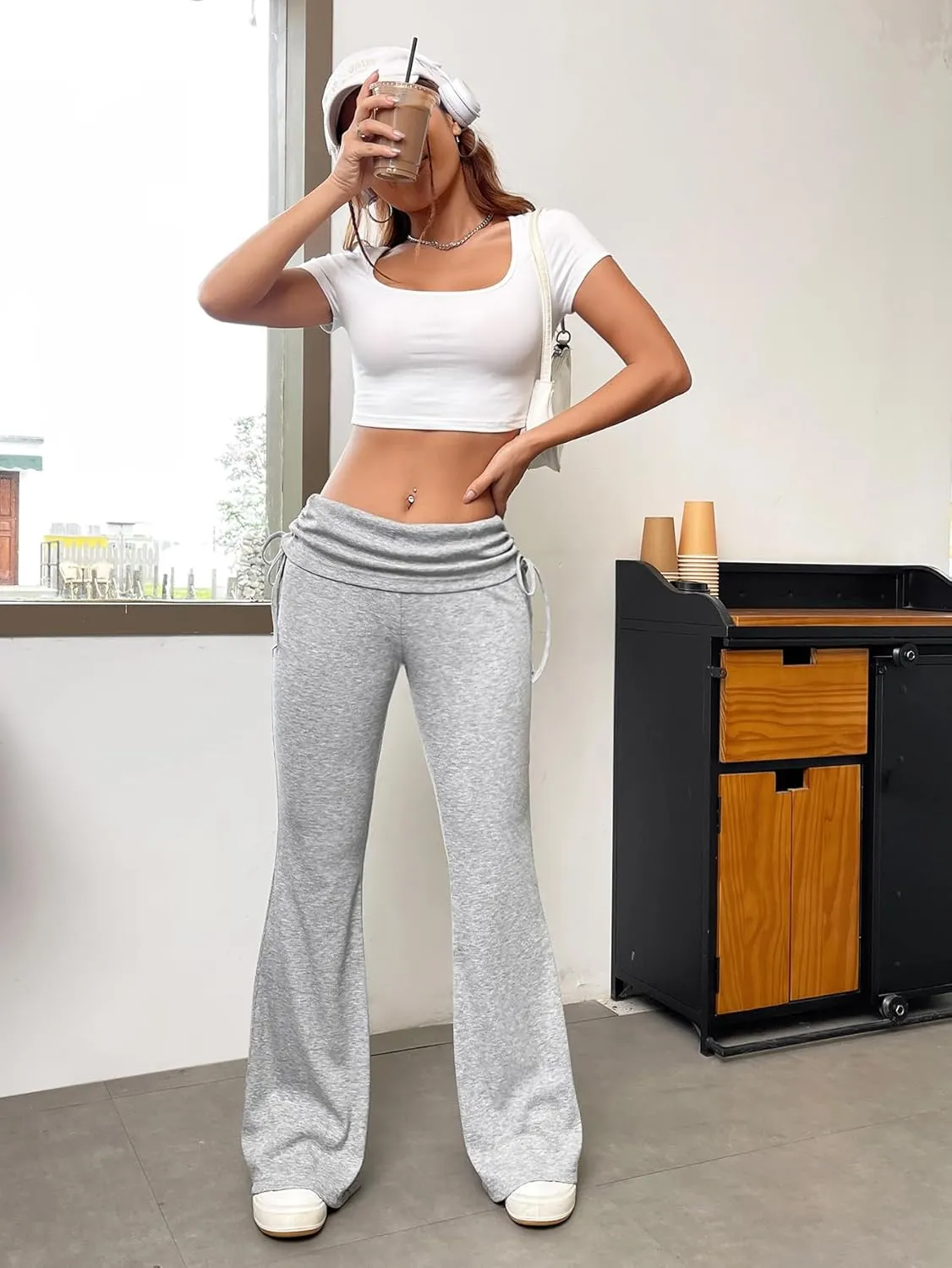 Milumia Women's Ruched Drawstring Flare Leggings Y2K Fold Over Bell Bottom Bootcut Yoga Pants