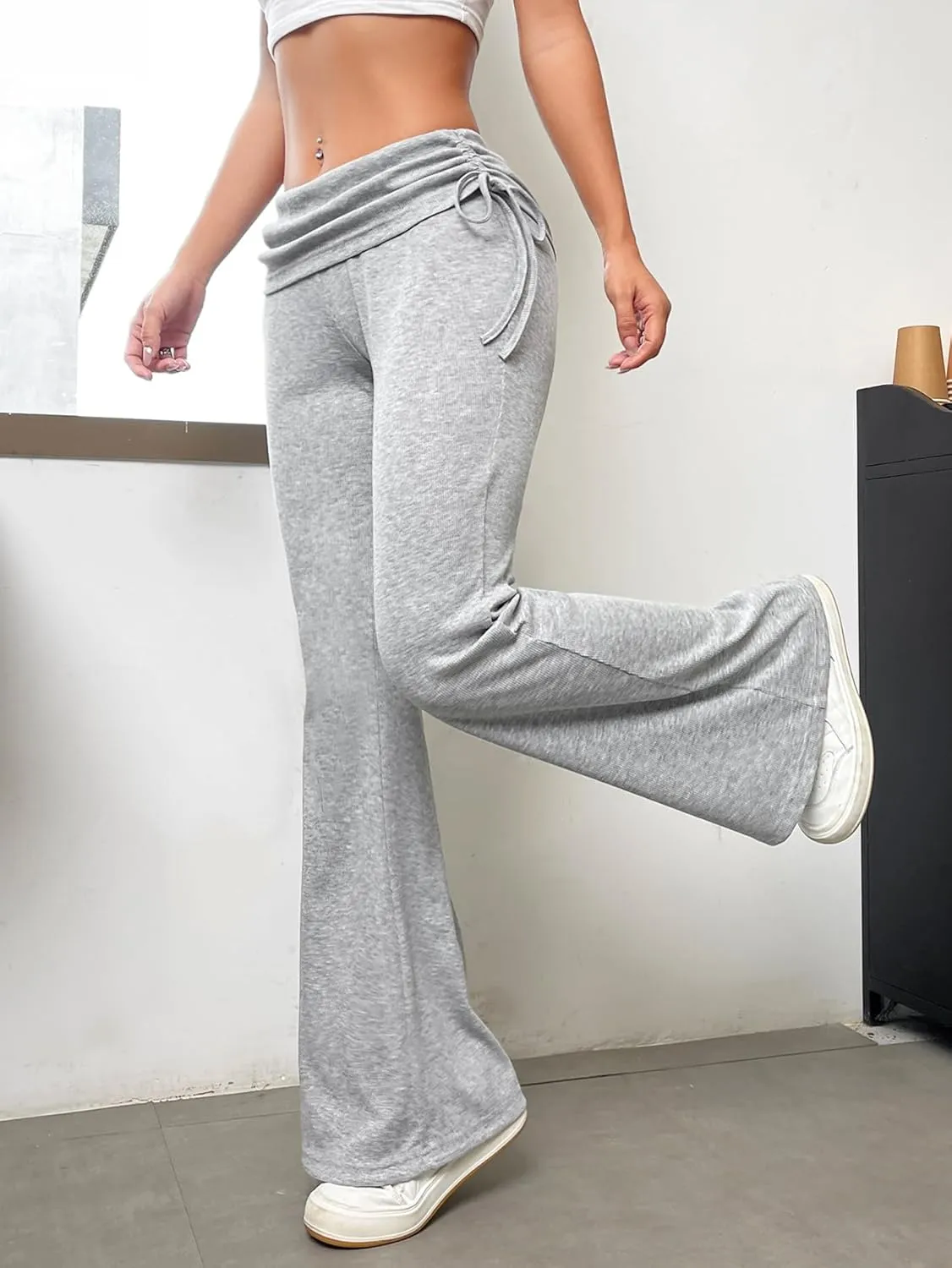 Milumia Women's Ruched Drawstring Flare Leggings Y2K Fold Over Bell Bottom Bootcut Yoga Pants