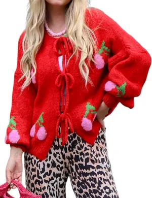 Mingzhu Womens Loose Bow Tie Open Front Cardigan Sweater Casual Long Sleeve Ribbed Knit Outwear