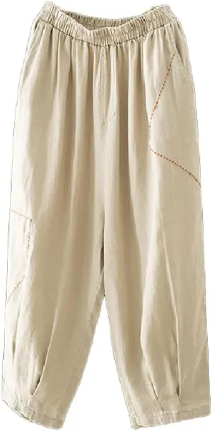 Minibee Women's Cropped Harem Pants Elastic Waist Pull On Wide Leg Trousers with Pockets