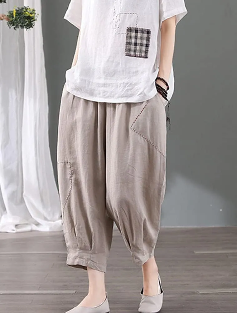 Minibee Women's Cropped Harem Pants Elastic Waist Pull On Wide Leg Trousers with Pockets