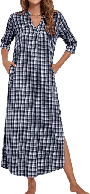 MINTLIMIT Women's 100% Cotton Plaid Nightgown Plain Cotton Half Sleeve Nightshirt V-Neck Long Pajama Dress with Pockets