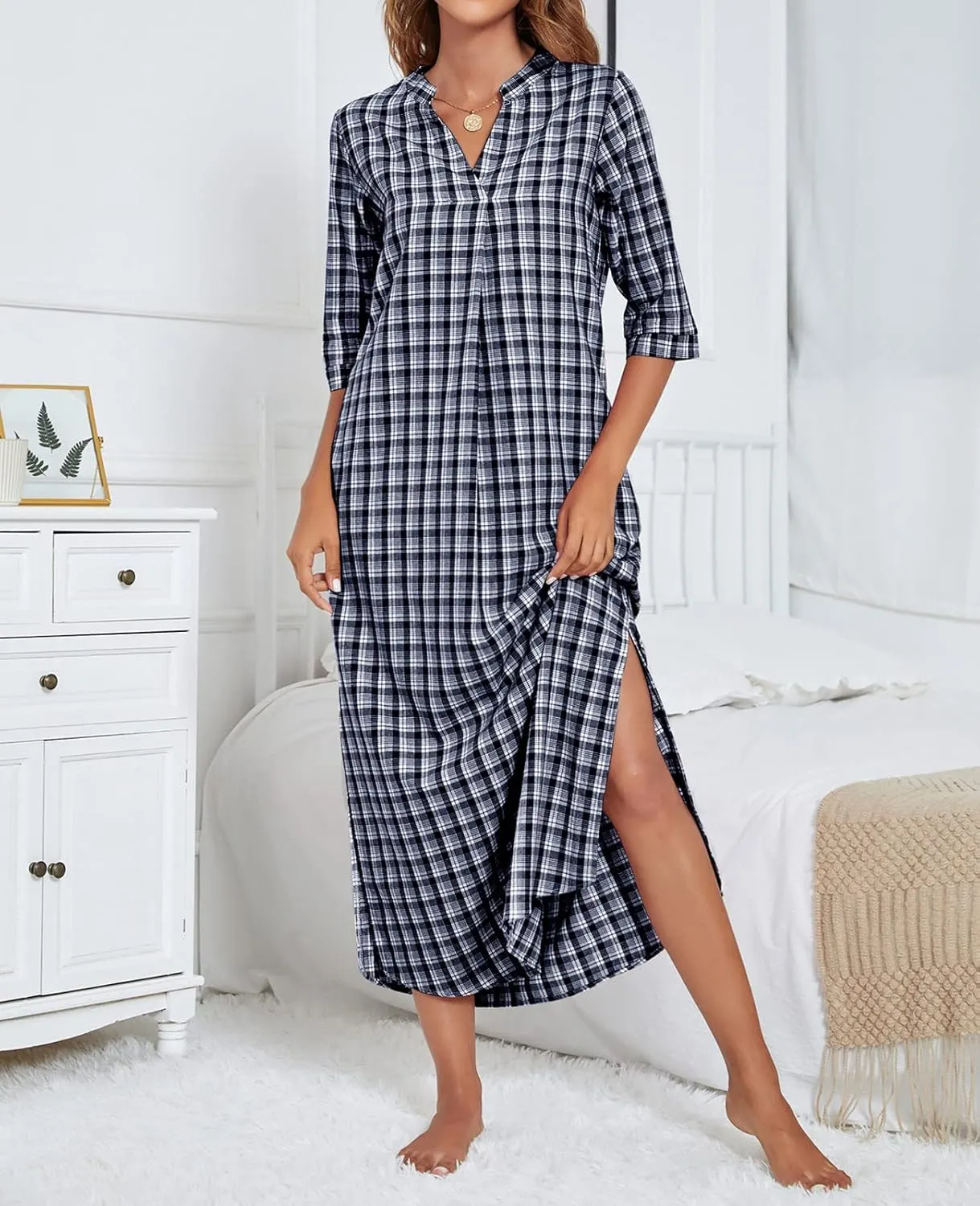 MINTLIMIT Women's 100% Cotton Plaid Nightgown Plain Cotton Half Sleeve Nightshirt V-Neck Long Pajama Dress with Pockets